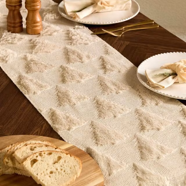OHS Tufted Christmas Table Runner in Cream and Beige Polyester