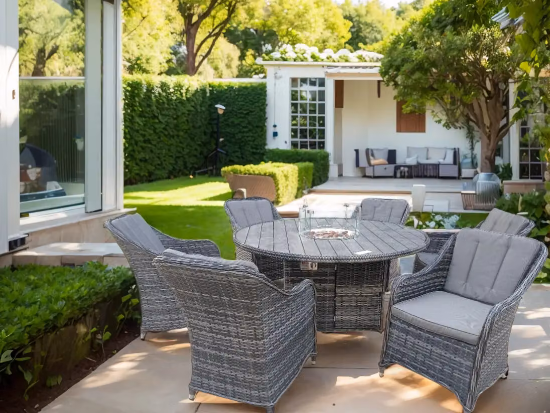 FURNITURE ONE 7 Piece Grey Rattan Dining Set with 150 cm Gas Fire Pit Table – 3