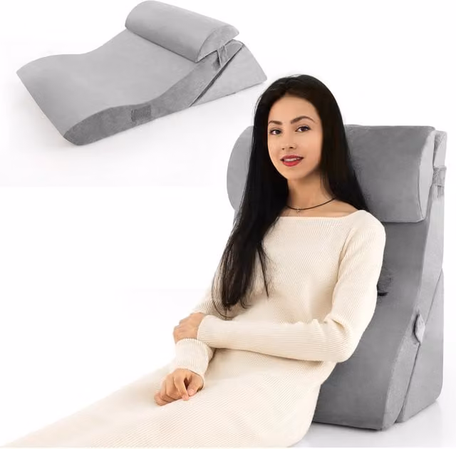 Costway Ergonomic Grey Wedge Bed Pillow Set with Removable Cover and Foam Flakes Filling