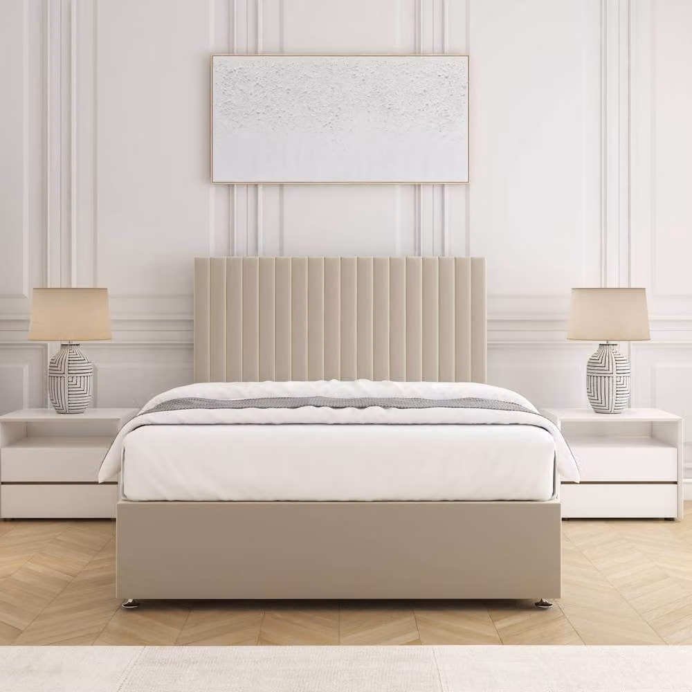 BSSPOKE Brooke Divan Bed with 24 inch Headboard in Beige Plush Velvet, Single, W/D/H: 90 x 190 cm