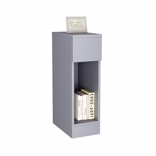 MCC Direct Ava Slim Solid Wooden Bedside Table with Open Shelf and Drawer, Grey