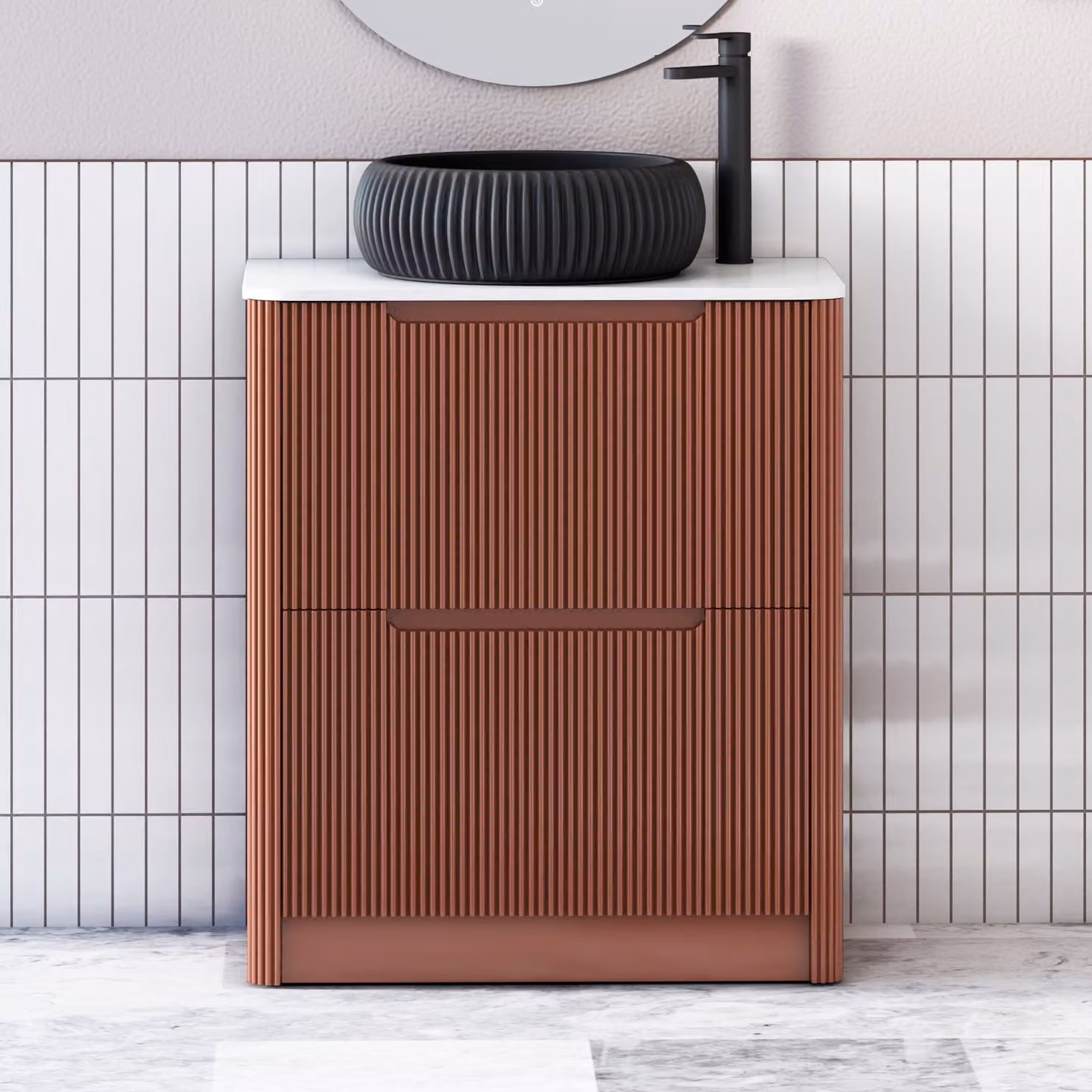 Royal Bathrooms Avenza 800mm Terracotta Clay Floor Standing Vanity Unit with 2 Drawers, Plain White Worktop and Milan Black Basin