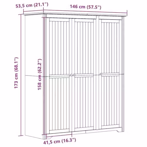 vidaXL BODO Wardrobe in Grey Solid Wood Pine with Hinged Doors, W/D/H: 146 x 53.5 x 173 cm – 3