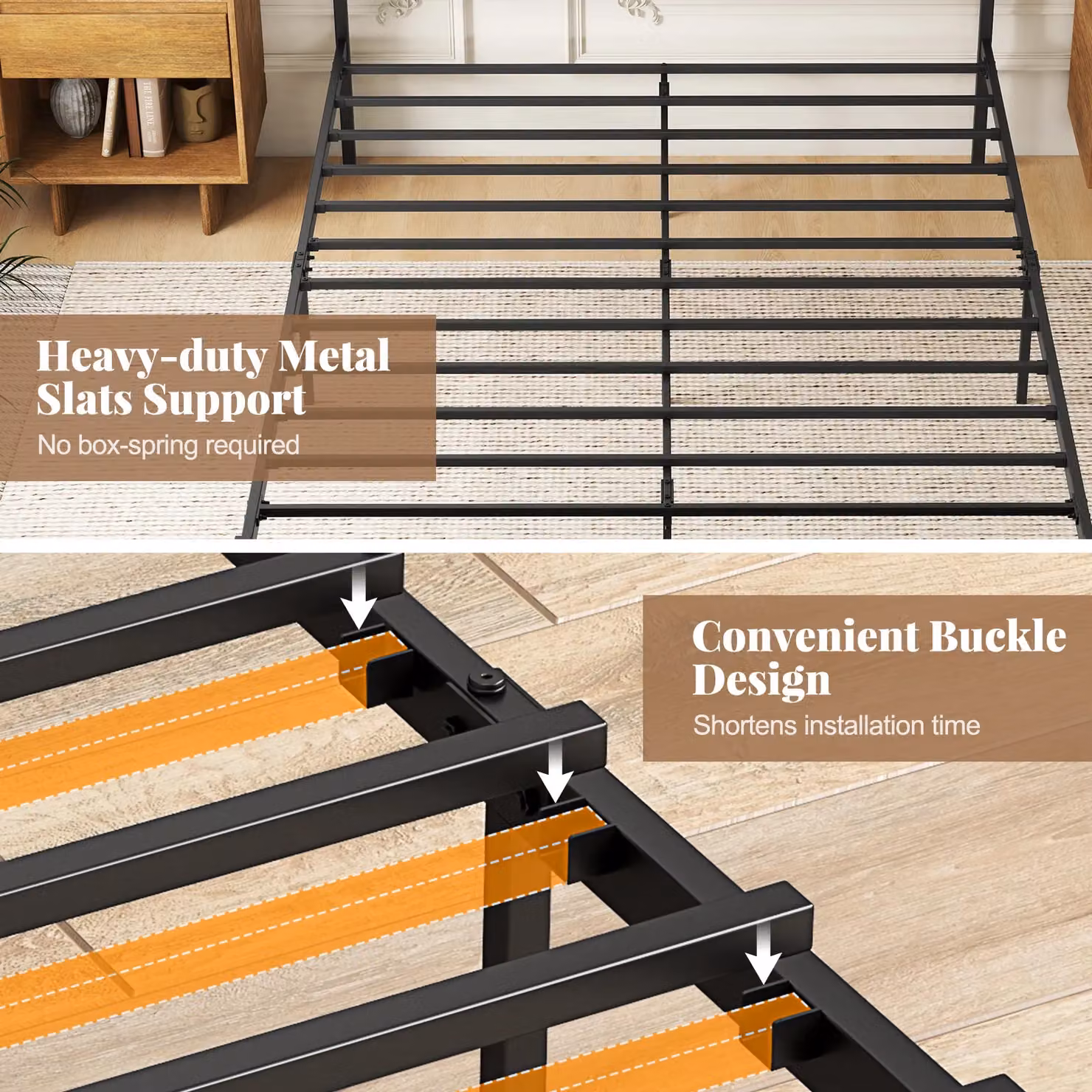 Costway King Metal Industrial Platform Bed with Brown Wooden Headboard, 180 x 200 cm – 4