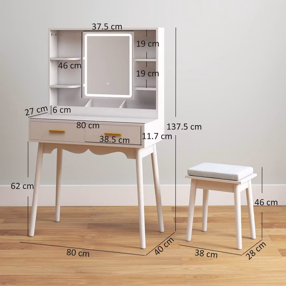 ERGOVEXA Elegant Modern Dressing Table with Hollywood LED Mirror in White and Gold, W/D/H: 137.5 x 40 x 80 cm – 2