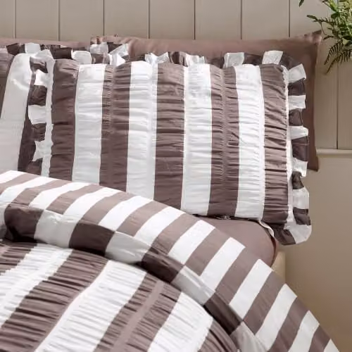 Catherine Lansfield Seersucker Frill Stripe Duvet Cover and Pillowcase Set, Brown, W/D/H: 220 x 230 cm – 2