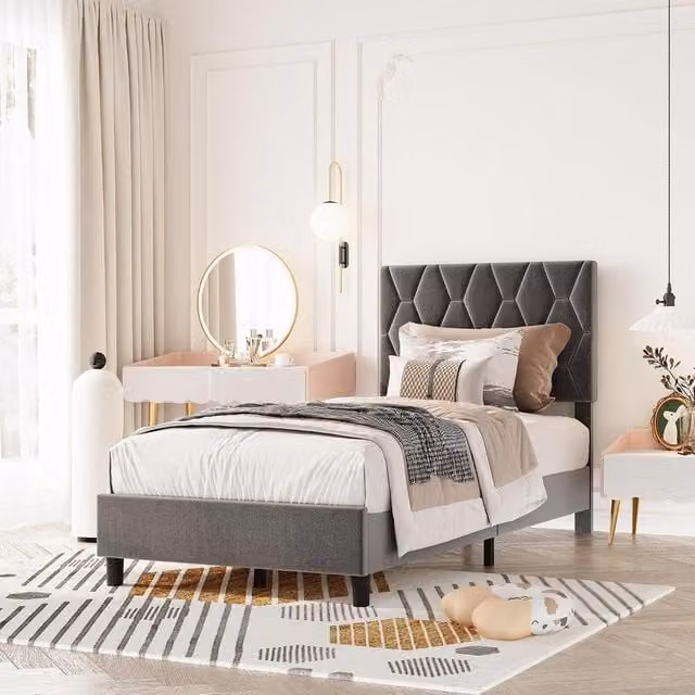 London Boutique Modern Single Platform Bed Frame with Upholstered Headboard in Grey – 1