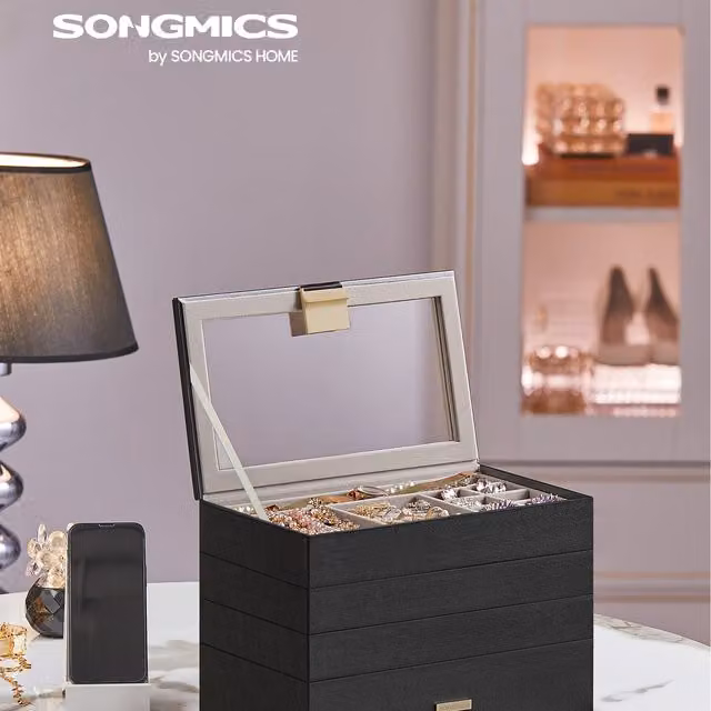 SONGMICS 4-Tier Stackable Jewellery Box with Lid, Black and Transparent Fabric