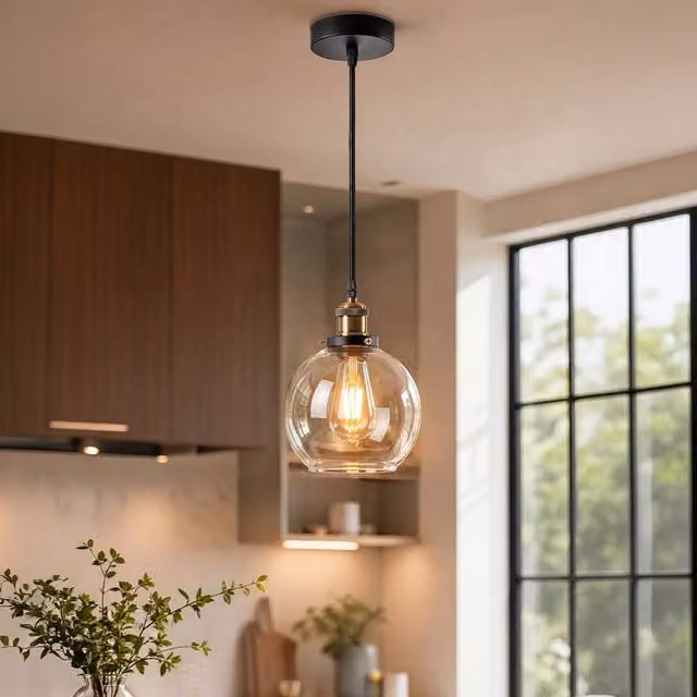 Emitto Retro Industrial Adjustable Glass Sphere Pendant Light in Black and Transparent