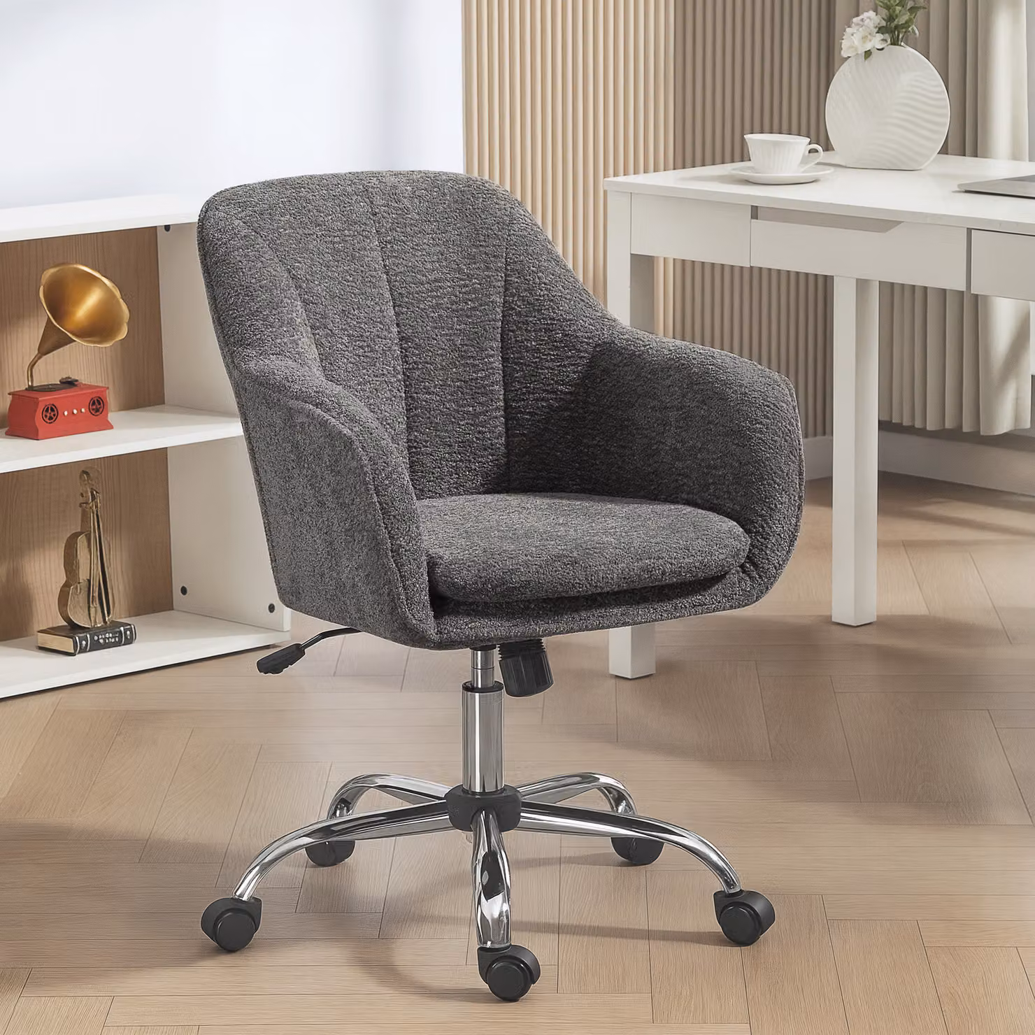 HOMCOM Grey Velvet Modern Swivel Vanity Chair with Adjustable Height and Wheels – 2