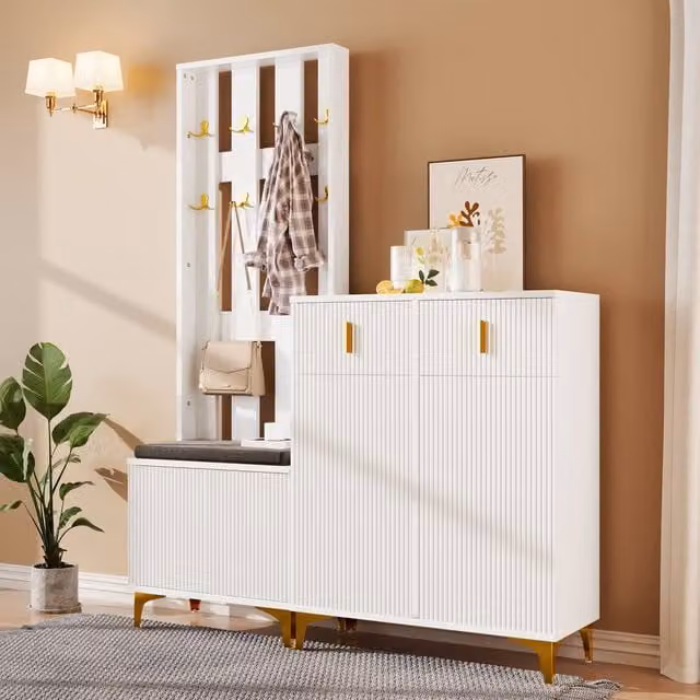 Merax Modern Hallway Storage Set with Glossy White Shoe Bench and Cabinet with Gold Metal Details