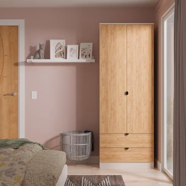 Bora Ready Assembled Tall 2 Door 2 Drawer Robe in Gold Craft Oak and Kashmir