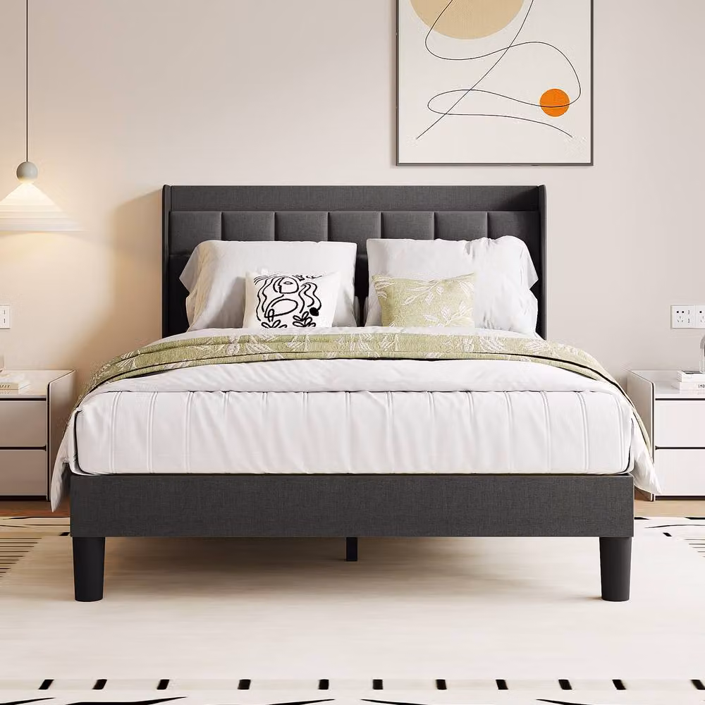 Dprodo King Size Bed Frame with Grey Linen Upholstered Tufted Headboard and USB Charging Ports, W/D/H: 180 x 200 cm – 4