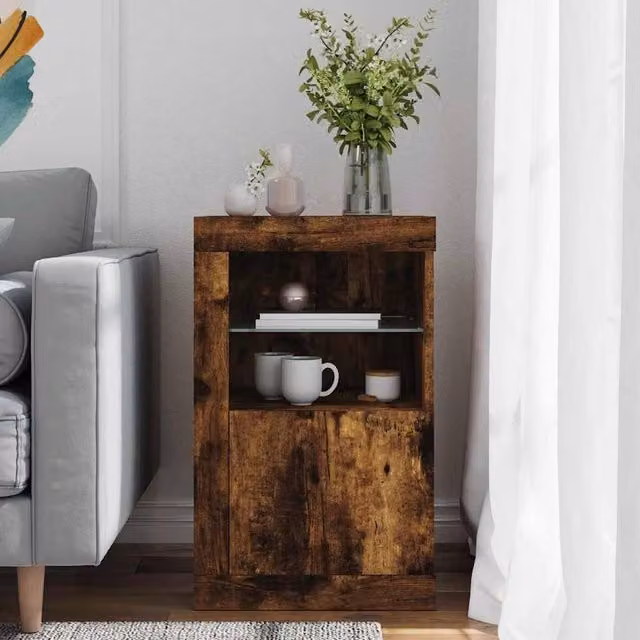 Berkfield Home Side Cabinet in Smoked Oak Brown with Integrated LED Lights and Glass Doors, W/D/H: 67.0 x 41.0 x 37.0 cm – 1