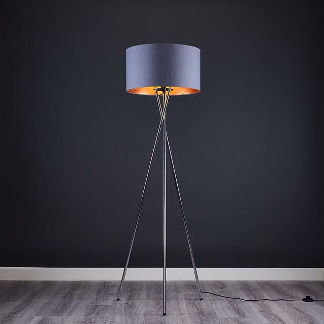ValueLights Camden Modern Chrome Metal Tripod Floor Lamp with Grey and Copper Fabric Shade – 1