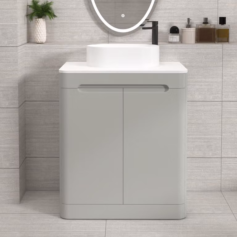 Royal Bathrooms Venice 700mm Floor Standing 2 Door Vanity Unit in Dove Grey with Plain White Worktop and Peak Basin