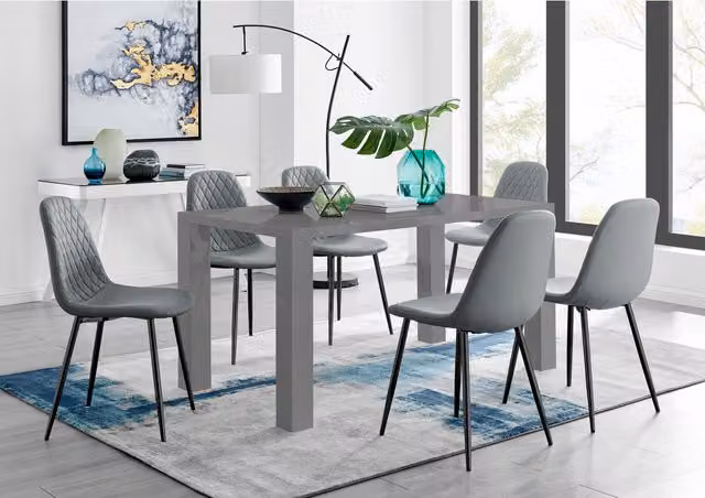 FurnitureboxUK Pivero Grey Rectangular Dining Table with 6 Corona Black Leg Chairs