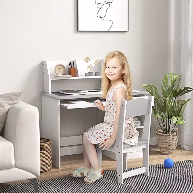 ZONEKIZ 2 Piece Kids Desk and Chair Set with Storage in Grey and White