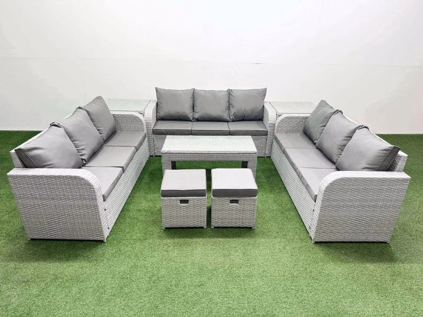 Fimous 11 Seater PE Rattan Outdoor Garden Furniture Set in Light Grey with 3 Seater Sofa, Oblong Coffee Table, 2 Stools and 2 Side Tables