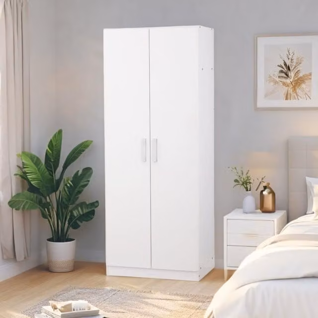 Home Source Arla 2 Door Wardrobe in White with Hanging Rail and Internal Shelves, H 180 x W 70 x D 50 cm