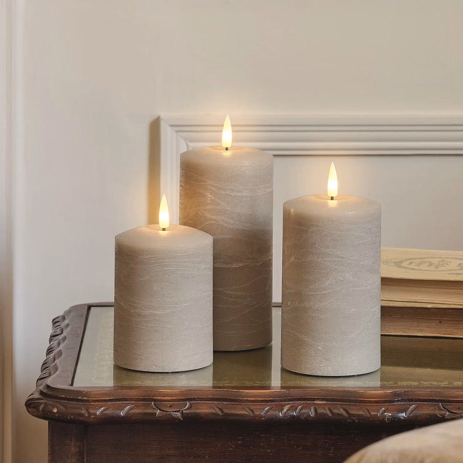 TruGlow® Beige Distressed Wax LED Pillar Candle Trio with Remote Control and Flicker Effect