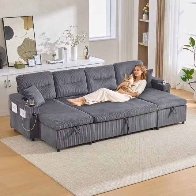 Matteo Grey Fabric 4-Seater U-Shape Sofa with Pull-Out Bed, Storage, Cup Holders and USB Charging