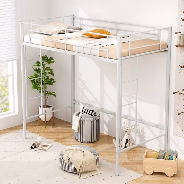 Gymax Metal Loft Bed Frame with Safety Guardrail in White