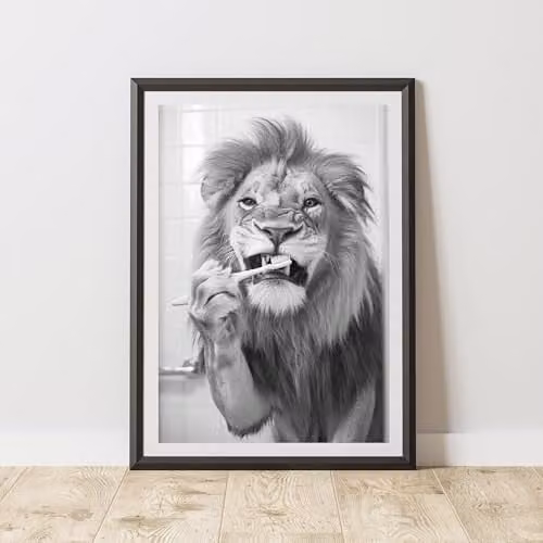 60 Second Makeover Lion Brushing Teeth Animal Print Paper Poster, A4, Multicolour