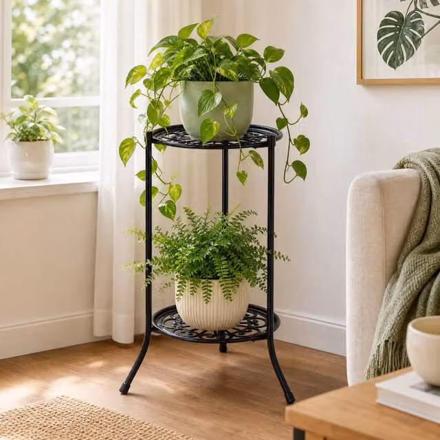 Garden Sanctuary Vintage 2 Tier Metal Plant Display Stand in Black – 1