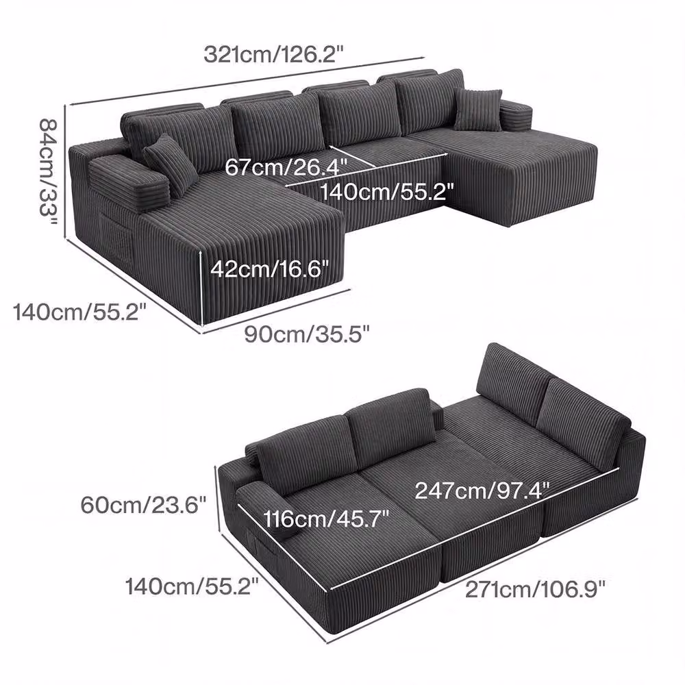 VOGREX Grey Corduroy Modular Convertible Corner Sofa with Sleeping Function – 2