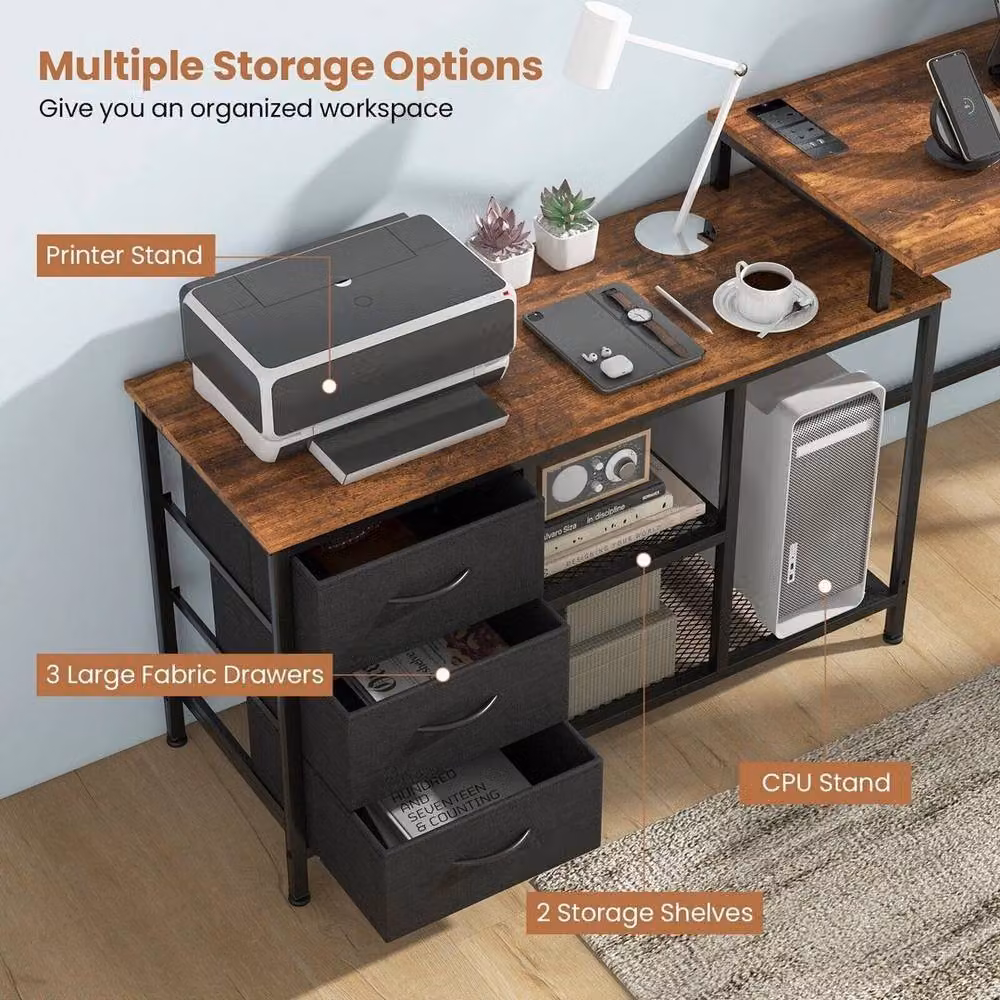 FORGEVIO L-Shaped Corner Computer Desk in Brown with Metal and Wood Finish – 5