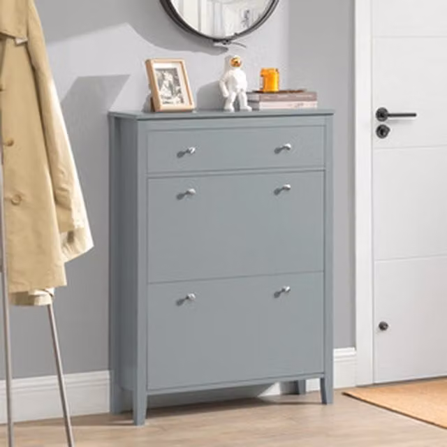 SoBuy Modern Grey Freestanding Shoe Cabinet Organizer with Tilting Compartments and Internal Drawers