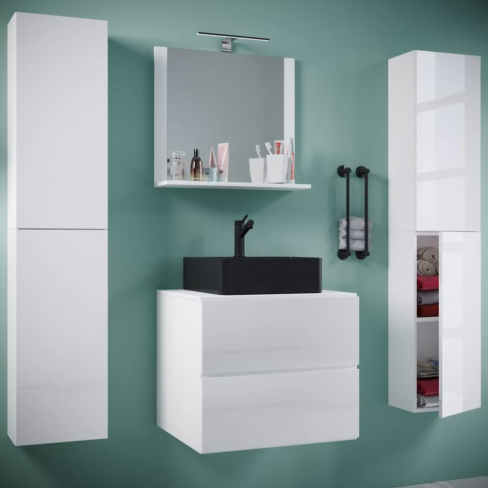 VCM Lendas XL 5-Piece White Glossy Bathroom Furniture Set with Washbasin, Vanity Unit, Mirror Cabinet and Tall Cabinet – 2