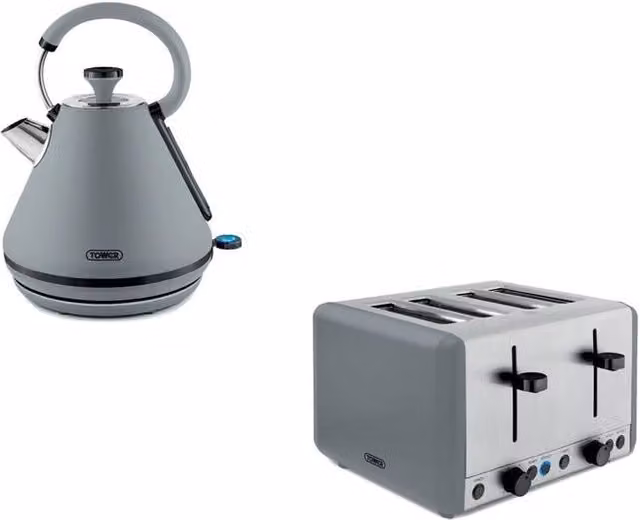 Tower Sera 1.7L 3KW Kettle and 4 Slice Toaster Set in Grey with Smoked Black Trim