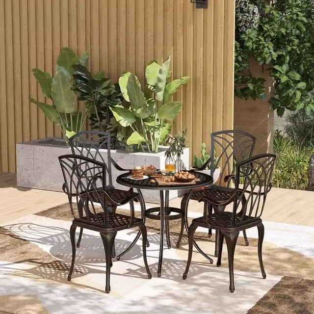 OUTSUNNY 5 Piece Bronze Garden Dining Set with Round Powder Coated Aluminium Table and Chairs – 1