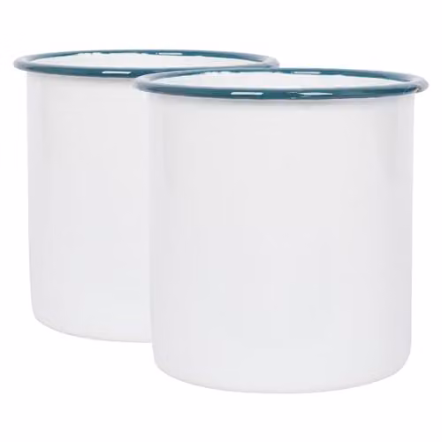 Argon Tableware White Enamel Utensil Holders with Green Rim, Pack of 2, Height: 15.5 cm