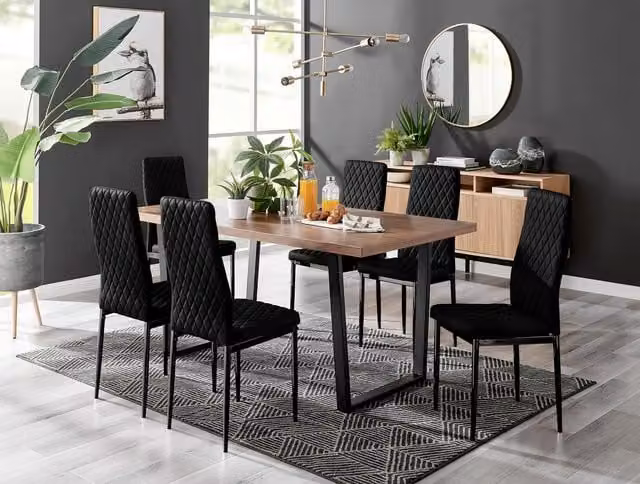 FurnitureboxUK Kylo Brown Wood Effect Dining Table and 6 Black Velvet Milan Chairs