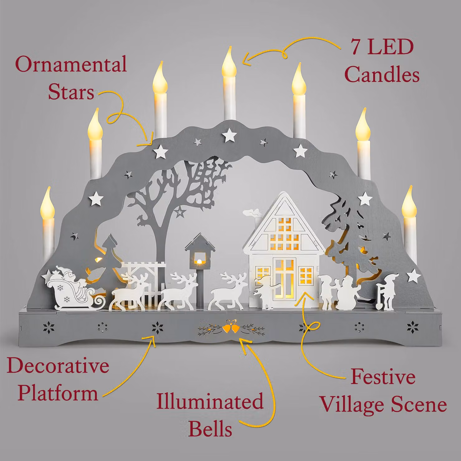 Christow Christmas Candle Bridge LED Tabletop Decoration in Grey and White, Battery Operated – 3