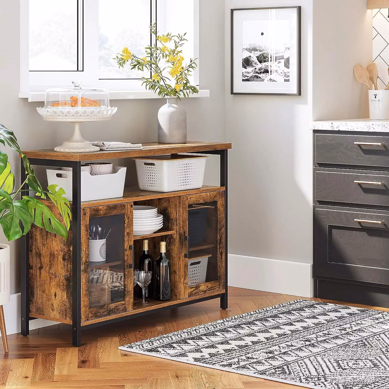 VASAGLE Industrial Sideboard Buffet and TV Cabinet with 2 Transparent Glass Doors in Brown – 4