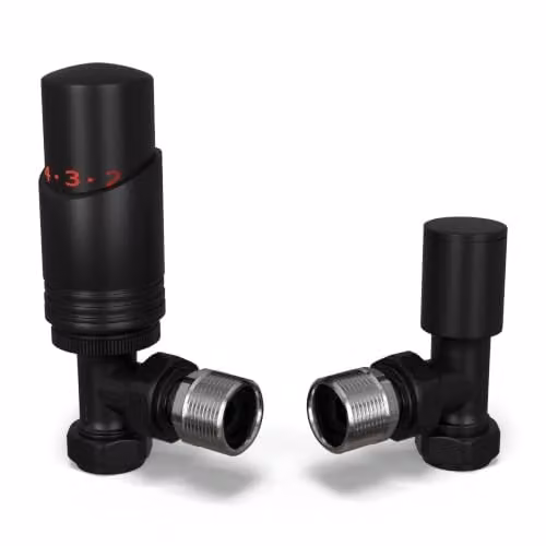 UK Radiators Talus Bold Angled Thermostatic Radiator Valve 1/2" x 15mm in Matt Black