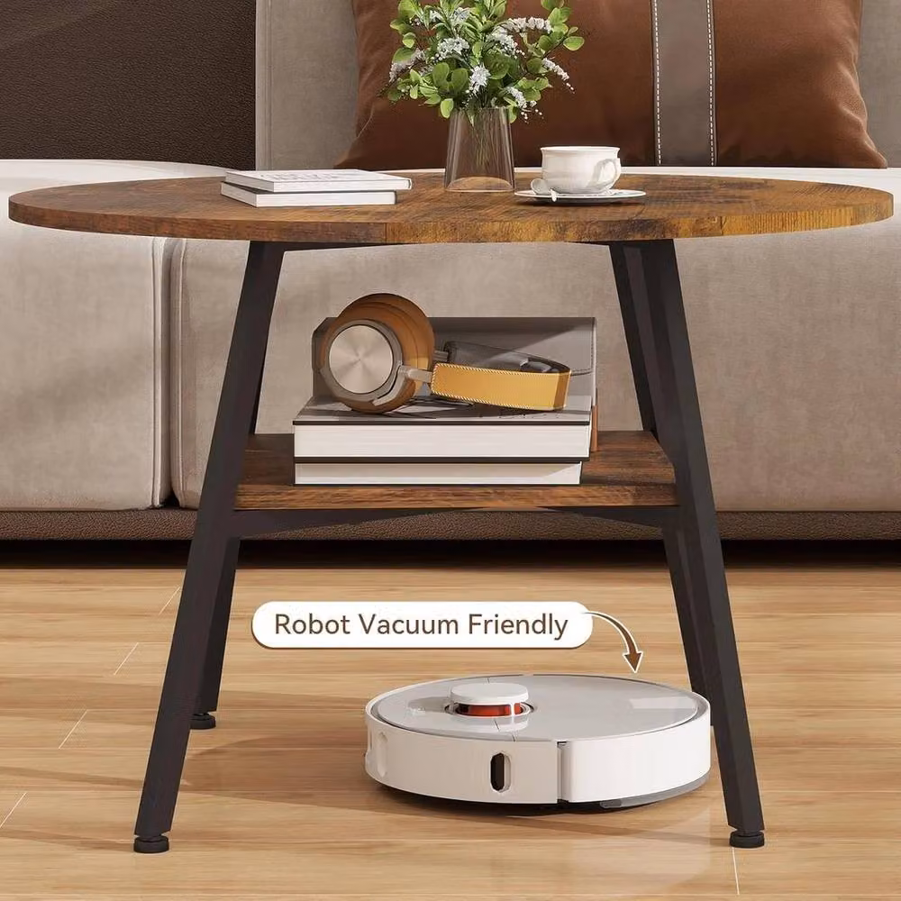 KORVIXA Round 2-Tier Coffee Table with Storage in Brown, Diameter: 100 cm – 4