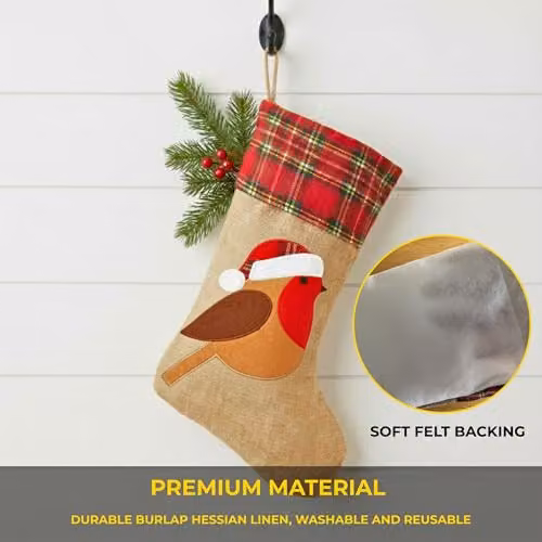 Shatchi Large Brown Robin Christmas Stocking with Classic Printed Design, 45 cm Hanging Burlap Linen Sack – 4