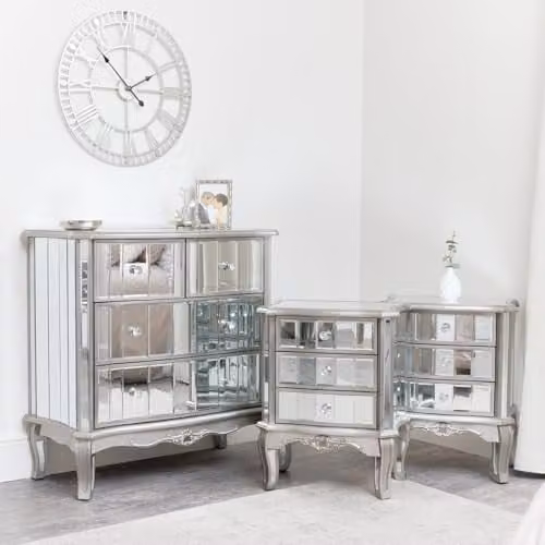 Melody Maison Silver Mirrored Chest of Drawers and Pair of 3 Drawer Bedside Tables