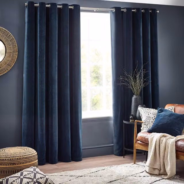 Terrys Navy Blue Heavy Chenille Velvet Room Darkening Eyelet Curtains, Width: 168 cm, Drop: 183 cm