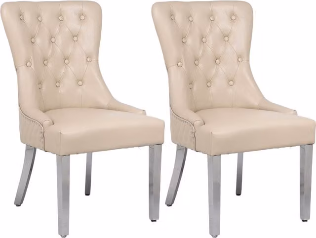 Modernique Pair of Aire High Back Dining Chairs in Beige Leather with Chrome Legs