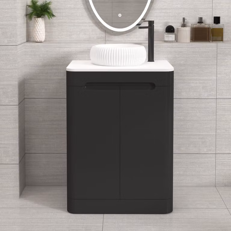 Royal Bathrooms Venice 600mm Matt Nocturne Black Floor Standing 2 Door Vanity Unit with Plain White Worktop and Milan Basin