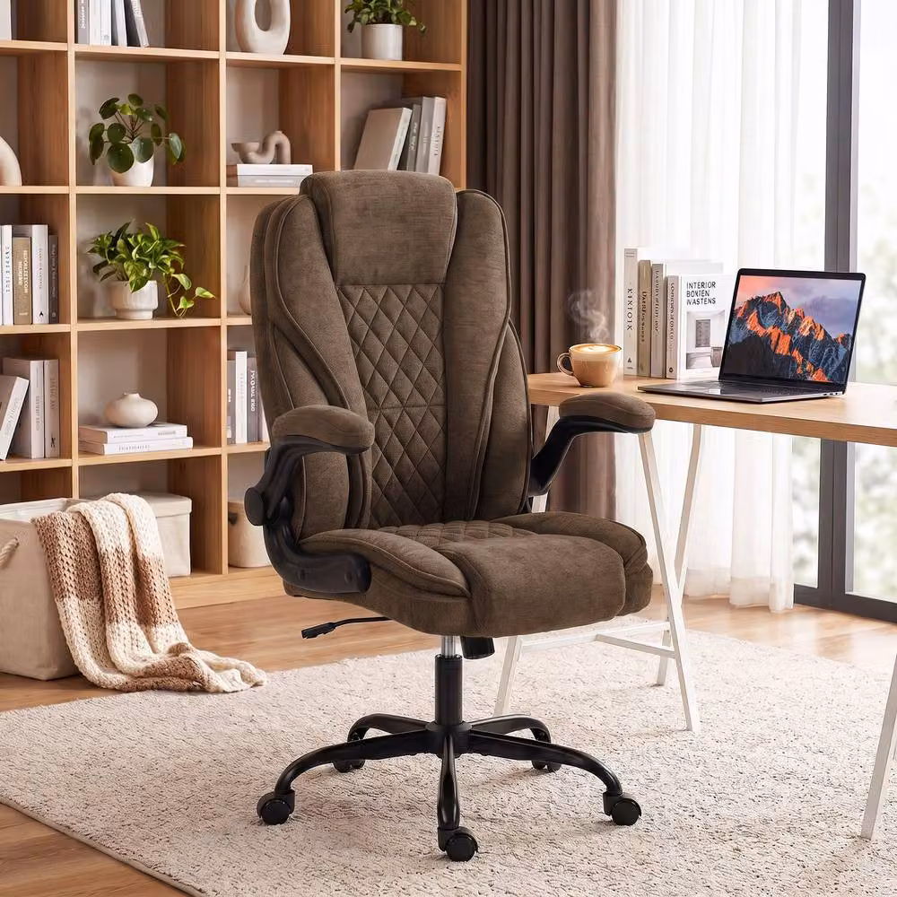 HOMCOM Brown Fabric Upholstered Office Task Chair with Flip-up Armrests and 360 Degree Swivel – 2