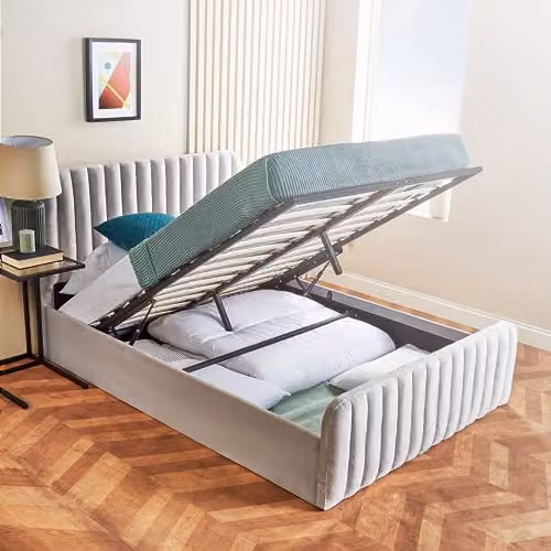 Home Treats King Size Ottoman Bed Frame in Grey Velvet Upholstery with Lift Up Storage, W/D/H: 180 x 200 x 39 cm – 1