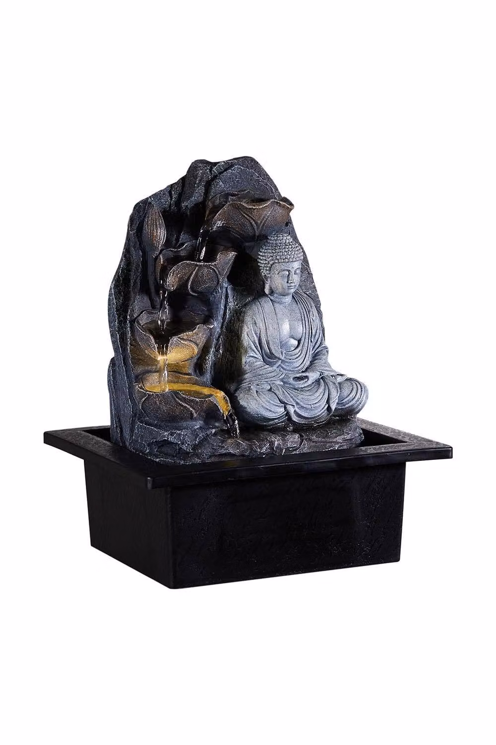 H&O Direct Buddha Tabletop Water Fountain with LED Light in Grey – 3