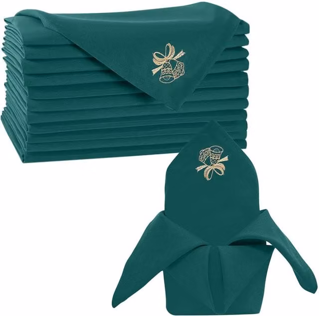 Neel Blue Christmas Table Napkins with Jingle Bell Embroidery, Blue, Green and Gold, 10 Pack